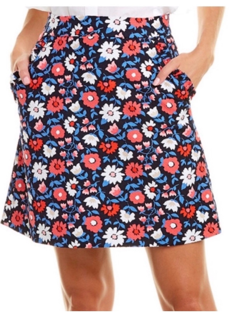 Kate SpadeFloral A-Line Skirt in Navy with Coral & White Flowers